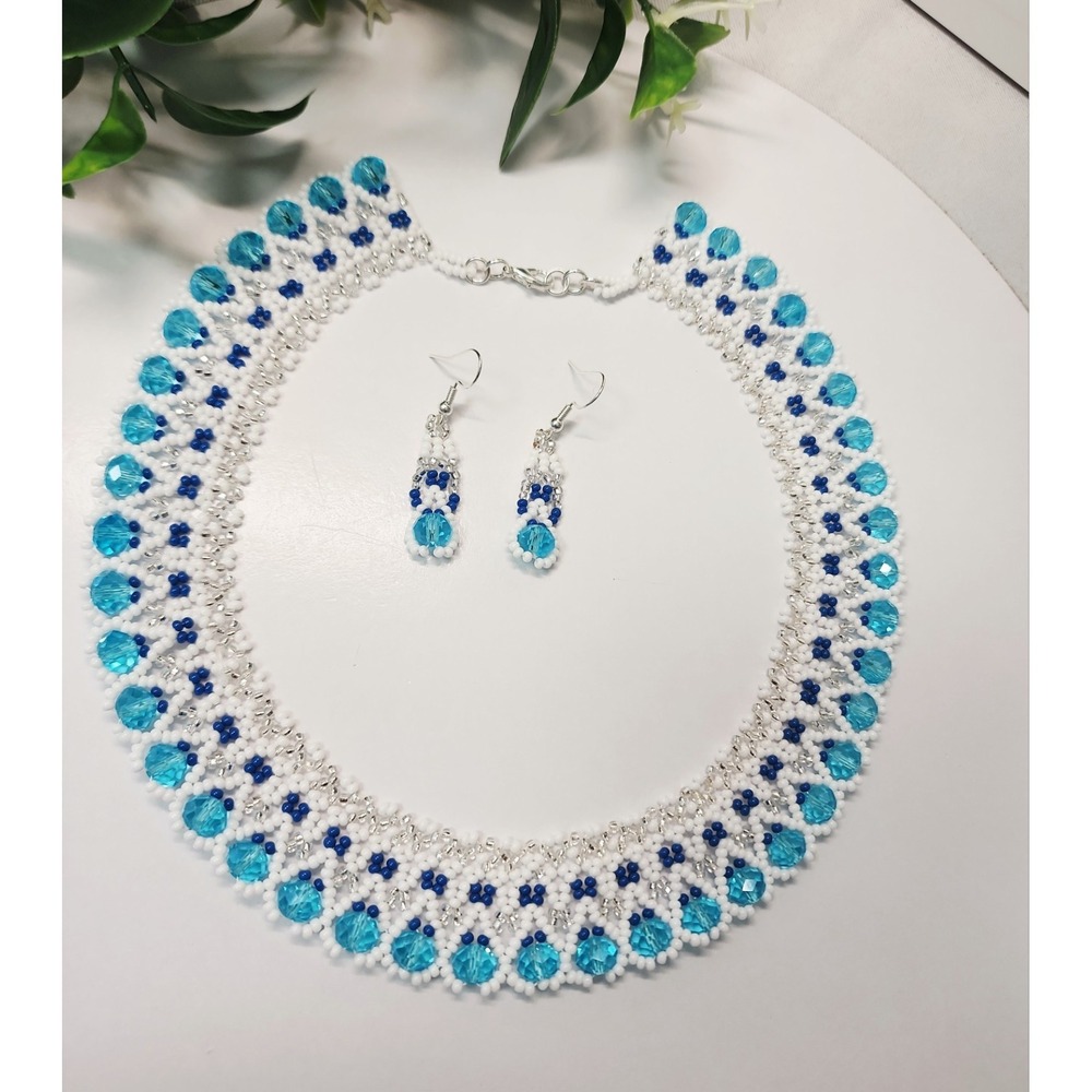 Blue Beaded Necklace With Earrings